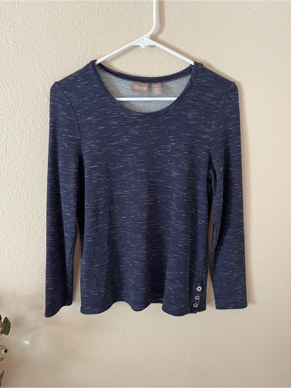 Chico's Navy Heathered Long Sleeve Crew Tee with Button Detail